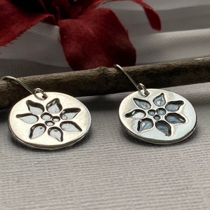 Poinsettia silver earring for Christmas, handcrafted flower earrings, Christmas earrings. image 2