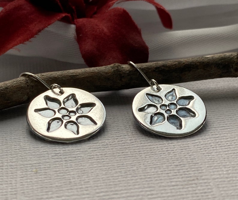 Poinsettia silver earring for Christmas, handcrafted flower earrings, Christmas earrings. image 2