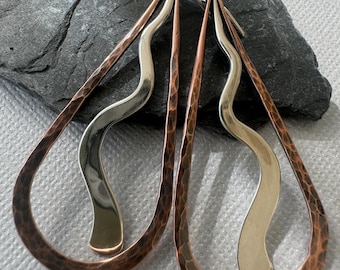Copper and silver mixed metal drop earrings,