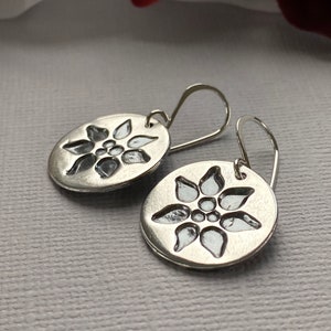 Poinsettia silver earring for Christmas, handcrafted flower earrings, Christmas earrings. image 5