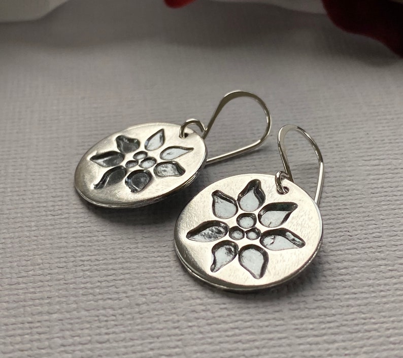 Poinsettia silver earring for Christmas, handcrafted flower earrings, Christmas earrings. image 5