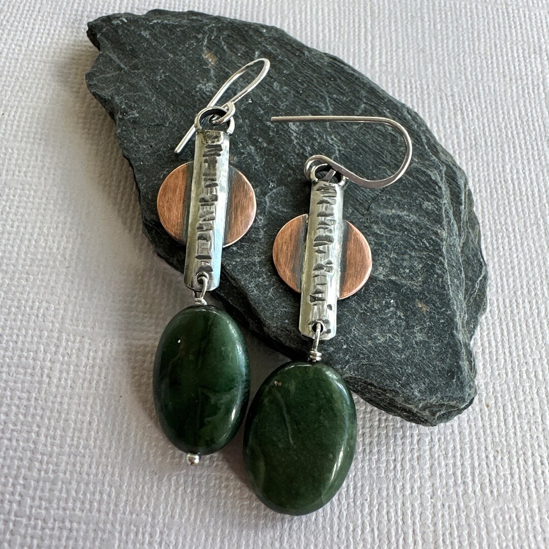 Hammered Copper and Silver Earrings With Canadian Jade. Etsy