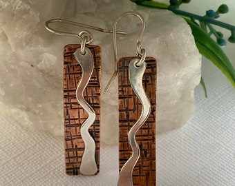 Copper rectangle earrings with silver accent, copper hammered earrings, mixed metal earrings