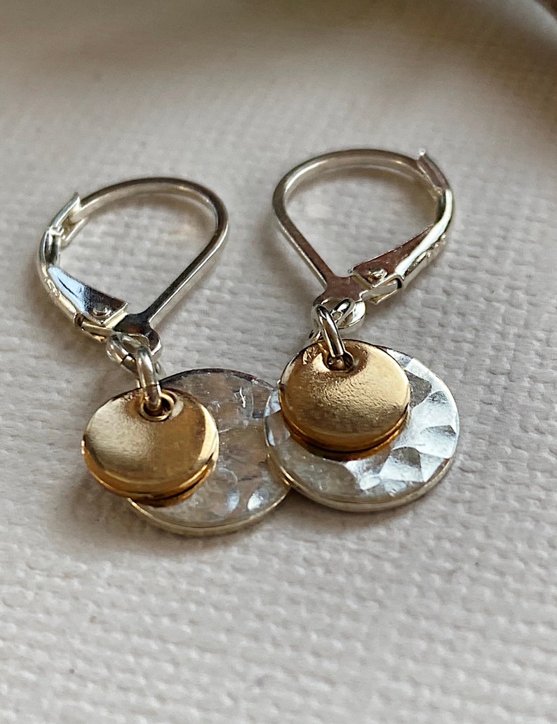 Tiny simple silver and gold disc earrings for every day use small 14 K gold filled and silver disc texturized Gold and silver earrings
