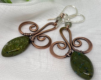 Copper Dangle Earrings: Green Gemstone, Sterling Silver Ear Wire
