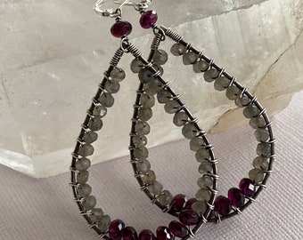 Large wire wrapped  silver and gemstone earrings, Labradorite and Garnet earrings, wire wrapped silver earrings