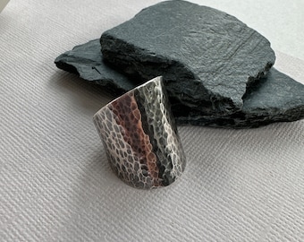 Hammered oxidized wide silver ring, tube ring