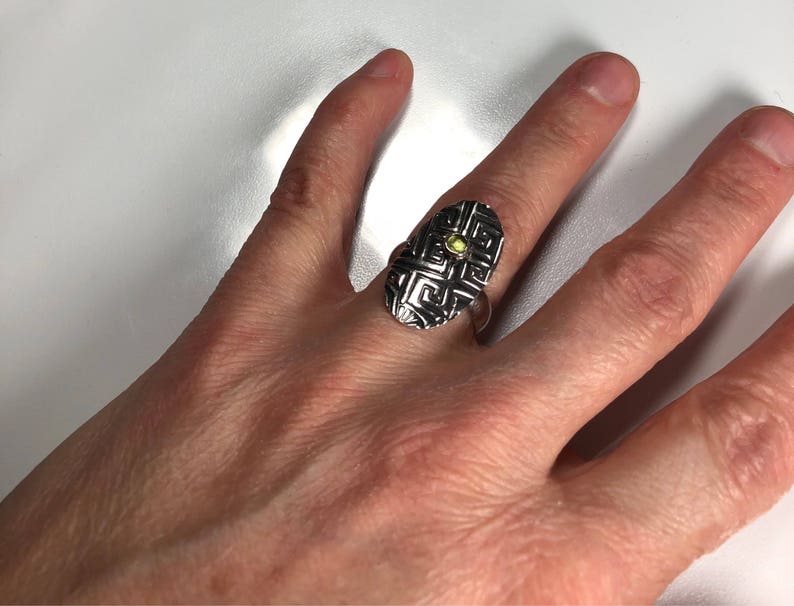 Oxidized Silver Ring with Peridot gemstoneAugust Birthstone Texturized Silver RingPeridot ring Handmade silver ring Gemstone Bezel ring
