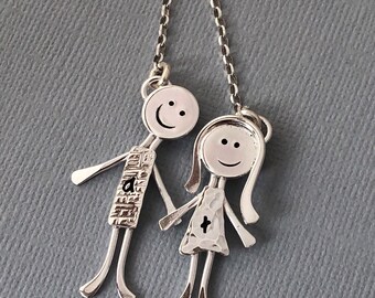 Personalized Sterling Silver Stick Figure Sisters Necklace - Gift for Moms