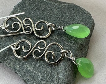 Sterling silver filigree earrings with green Chalcedony gemstones.
