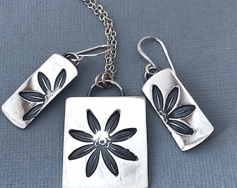 Handmade Sterling silver necklace and earrings, Silver flower set, Personalized gift, unique Silver earrings, Silver charm necklace