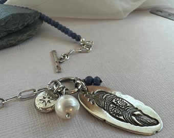 Handcrafted Gemstone Necklace with Feather Pendant - Symbol of Freedom and Spirituality