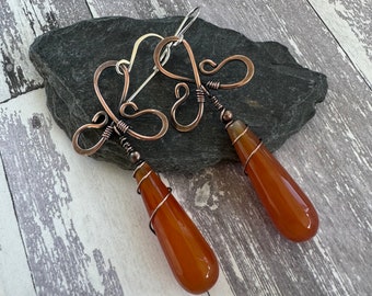 Antiqued Copper earrings with Agate , mother's day gift, long copper earrings
