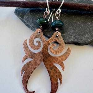 Hammered Copper Dangle Earrings: Boho Green Gemstone Jewelry
