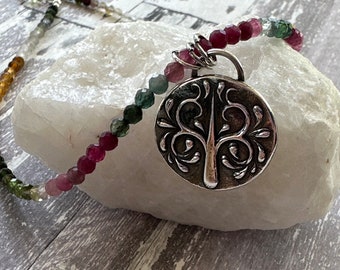 Silver Tree of life pendant necklace with watermelon Tourmaline gemstone.