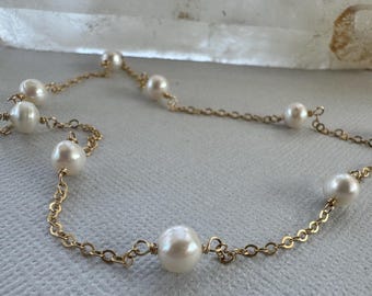 Gold Filled Necklace: Delicate White Freshwater Pearl Jewelry