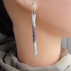 Hammered Amethyst and silver earrings, purple Amethyst artisan long dangle Earrings, birthstone jewelry image 5