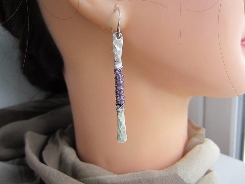 Hammered Amethyst and silver earrings, purple Amethyst artisan long dangle Earrings, birthstone jewelry image 5