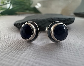 Sterling silver and blue Lapis stud earrings for her, blue Lapis Lazuli and oxidized silver stud earrings.