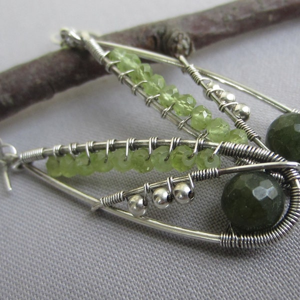 Silver Wire Earrings/ Peridot Earrings/ Silver Wire Earrings w/ Peridot and Canadian Jade/ Peridot Earrings/  Artisan Earrings