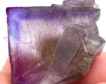 May include: A close-up of a fluorite crystal with a gradient of purple, blue, and clear hues. The crystal has a blocky, geometric structure with visible facets and a translucent appearance. The mineral is held by a hand.