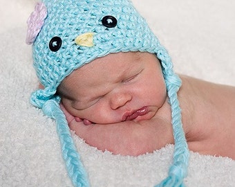 PDF CROCHET PATTERN Instant Download Sweet Little Bluebird Earflap Beanie Photo Prop Hat 6 Sizes Preemie Through 5 Years Sell What You Make