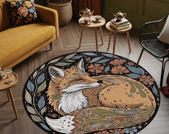 Gemütlicher Waldtier-Designteppich mit Blumenbordüre, Cottagecore-Naturinspirierter Rundteppich