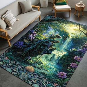 May include: A rectangular area rug featuring a fantasy scene with a waterfall, a fairy, and lush greenery. The rug has a dark border with floral and seashell motifs. The color palette includes blues, greens, and purples.