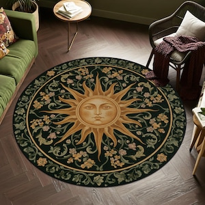Celestial Sun Round Rug, Vintage Green Whimsigoth Mat, Dark Cottagecore ...
