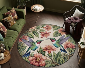 Round Hummingbird Rug – Colorful Floral Nature Inspired Carpet, Botanical Boho Circular Area Rug for Living Room or Bedroom
