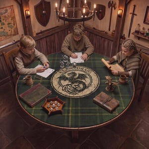 Pode incluir: Três crianças sentadas em volta de uma mesa redonda com uma toalha de mesa xadrez verde e amarela, jogando um jogo de tabuleiro. A mesa tem um emblema circular com um dragão e as palavras "Clan Draig". Peças de jogo e dados são visíveis.