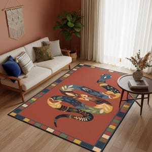 Terracotta Snake Bordered Rug, Folk Art Serpent Carpet, Boho Floral Reptile Floor Mat, Southwestern Decor, Afrohemian Decor