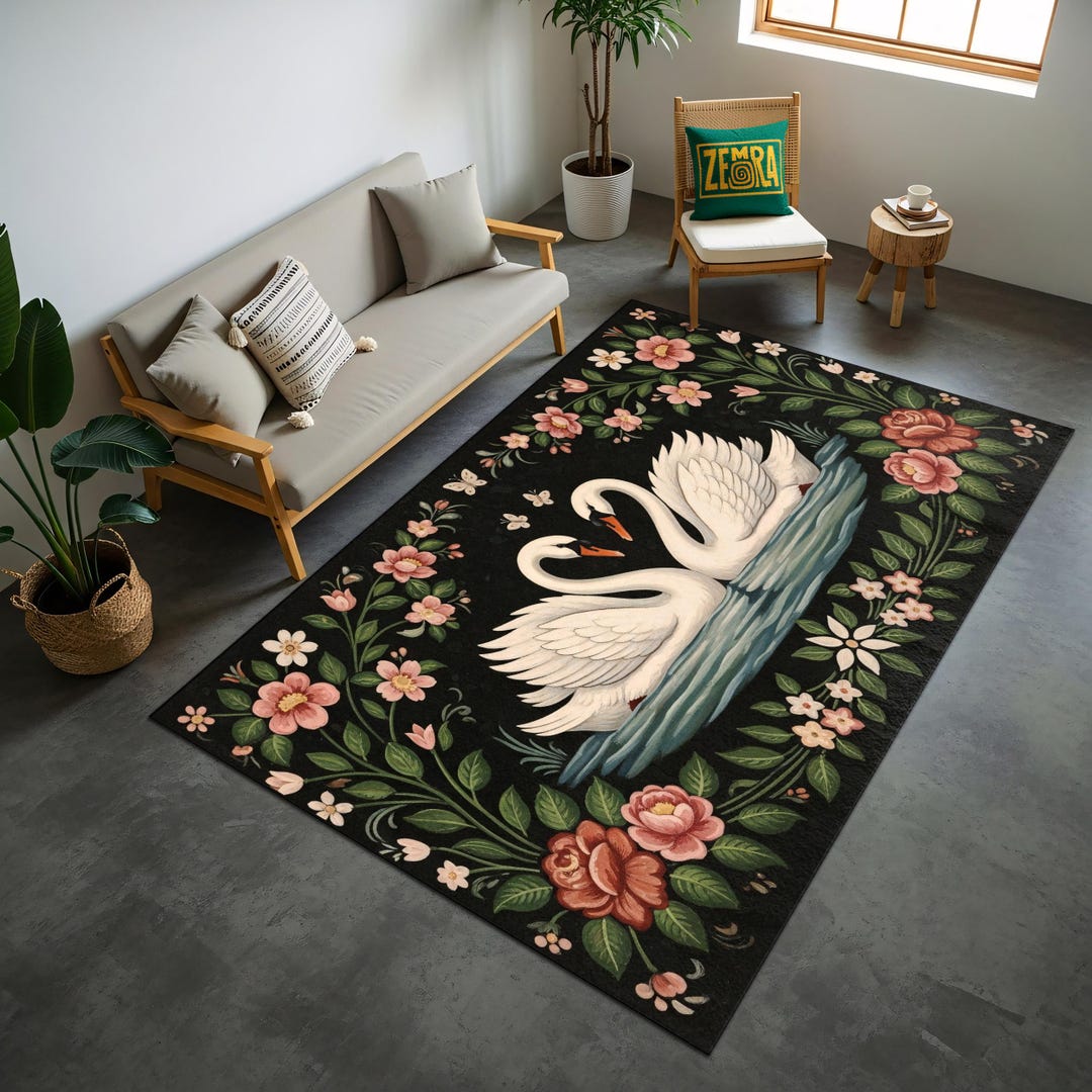 Art Nouveau Swan Lover Rug – Romantic Floral Carpet With Elegant White ...