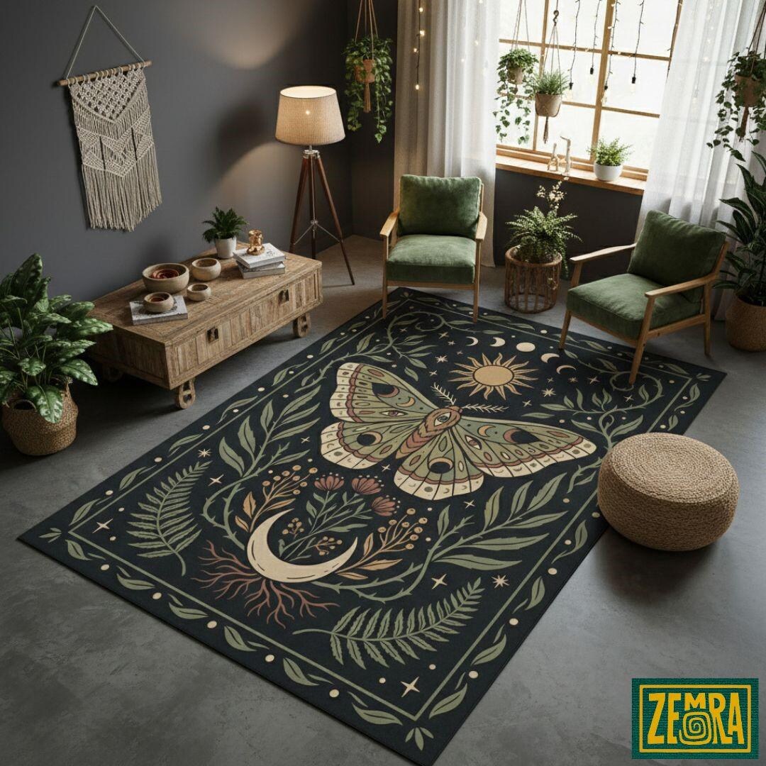 Luna Moth Rug Moon Phase Decor, Whimsigothic Dark Academia Art, Sage ...