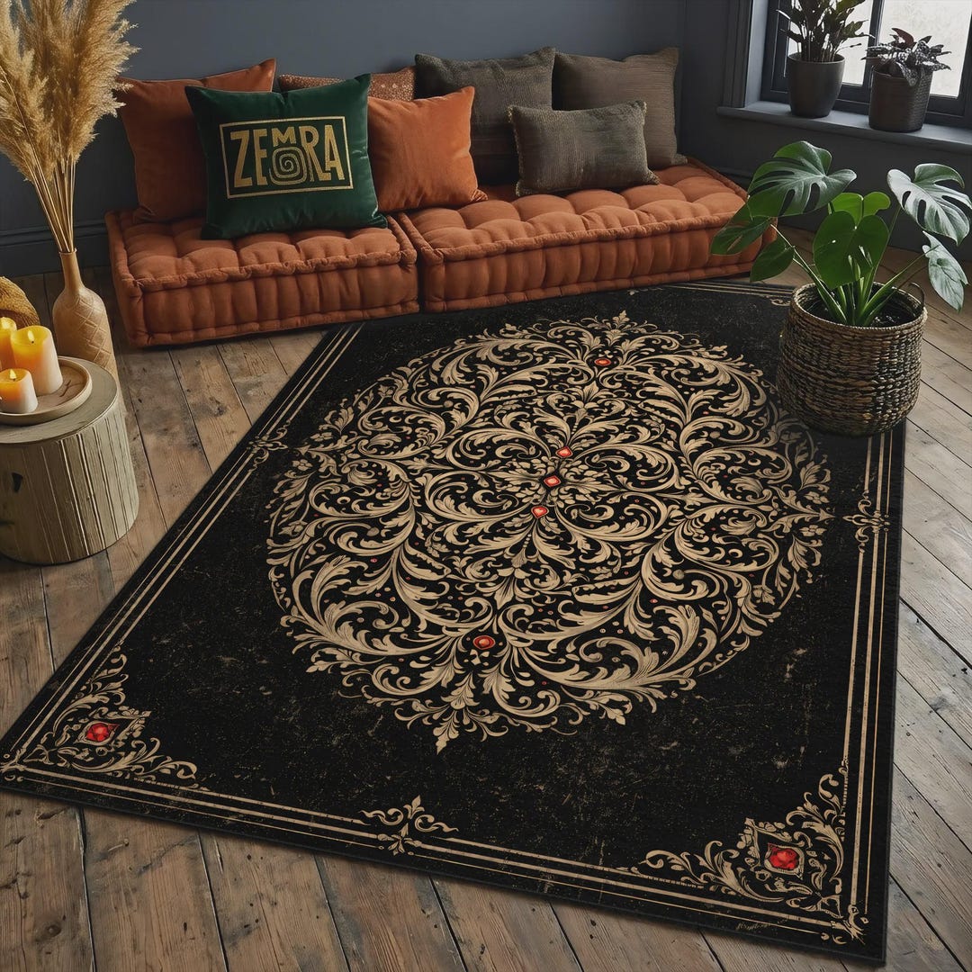 Baroque Medallion Rug, Black Gold Vintage Area Rug, Ornate Victorian ...