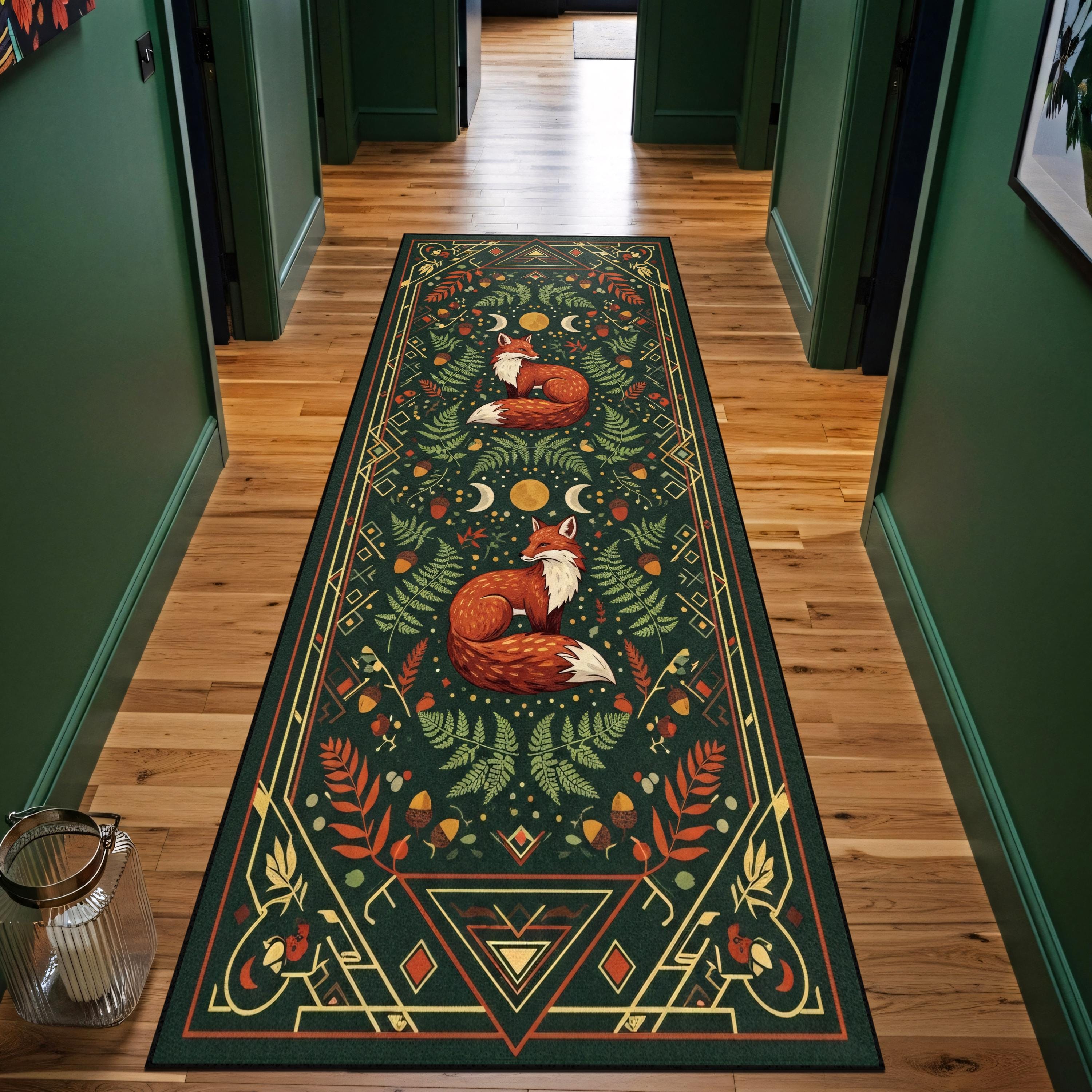 Boho Fox Runner Rug With Woodland Forest Art and Green Botanical ...