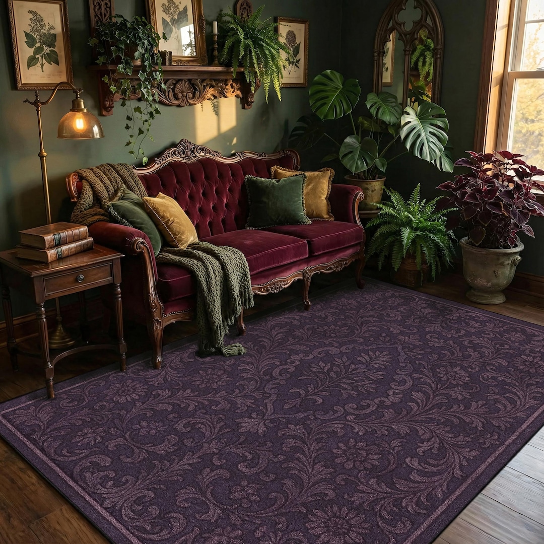 Dark Purple Floral Rug, Elegant Vintage Baroque Area Carpet, Gothic ...