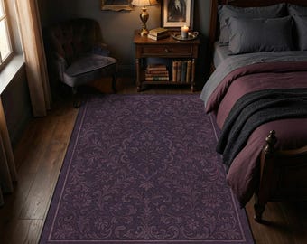 Dark Purple Floral Rug, Elegant Vintage Baroque Area Carpet, Gothic Accent Floor Decor, Ornate Botanical Pattern, Cozy Boho Home Style