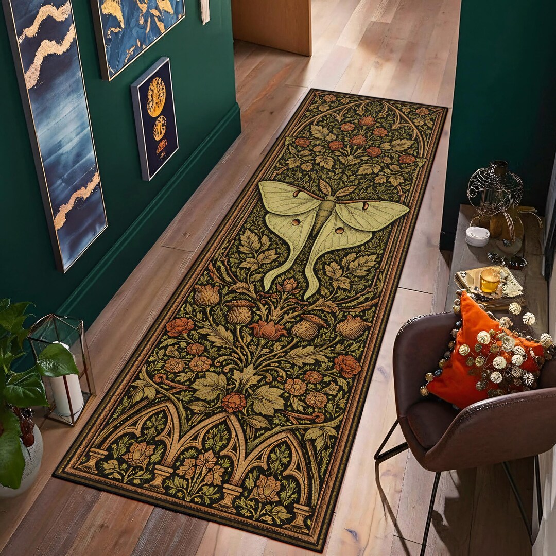 Moth Pattern Rug Vintage Insect Luna Moth Runner Rug, Botanical Nature Bugs Carpet, Dark ...