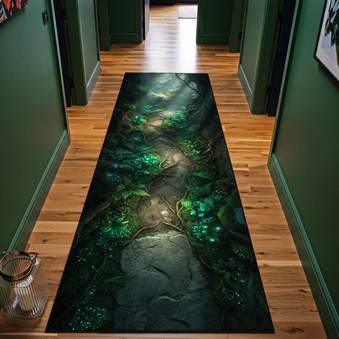 Enchanted Rug Texture 3D Enchanted Forest Runner Rug, Bioluminescent Path Hallway Rug, Dark ...