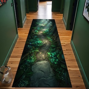 May include: A long, rectangular rug with a forest scene. The design features a path winding through a lush, green forest with glowing accents. The rug is placed in a hallway with wooden floors and green walls.