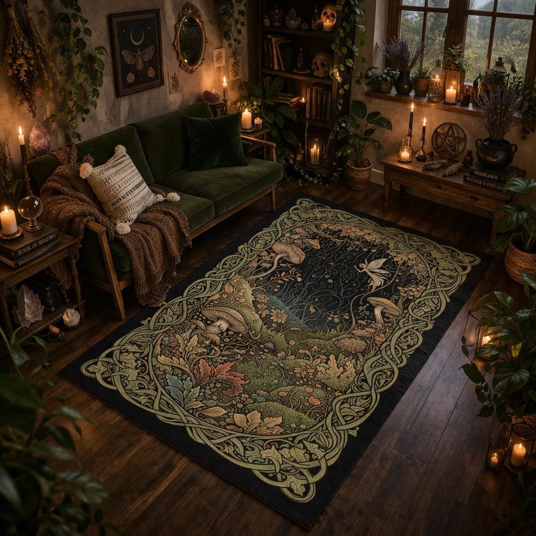 Enchanted Rug Forest Fairy Mushroom Rug With Art Nouveau Floral Border, Enchanted ...