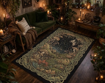 Bosfeeën paddenstoelenkleed met art nouveau bloemenrand, betoverend boho boskleed in aardse groene en bruine tinten, fantasierijk natuurkleed