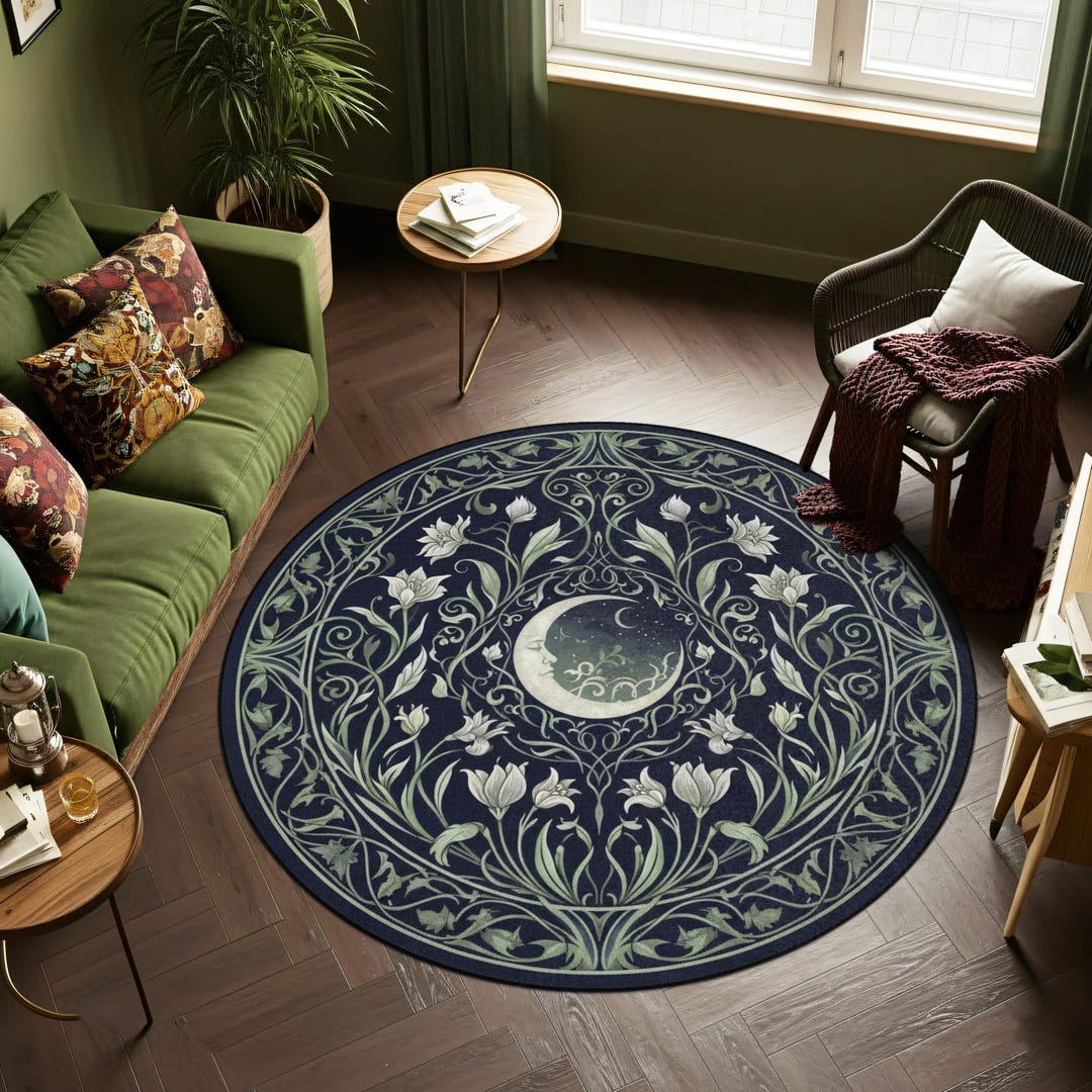 Abstract Moon Rugs Celestial Moon & Botanical Round Rug, Machine Washable Dark Academia ...