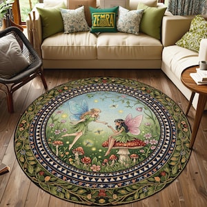 May include: Round area rug featuring a whimsical fairy scene. The rug has a central image of two fairies with butterfly wings, surrounded by mushrooms and flowers. The border is a detailed pattern of leaves and geometric shapes, with a color palette of green, blue, and brown.
