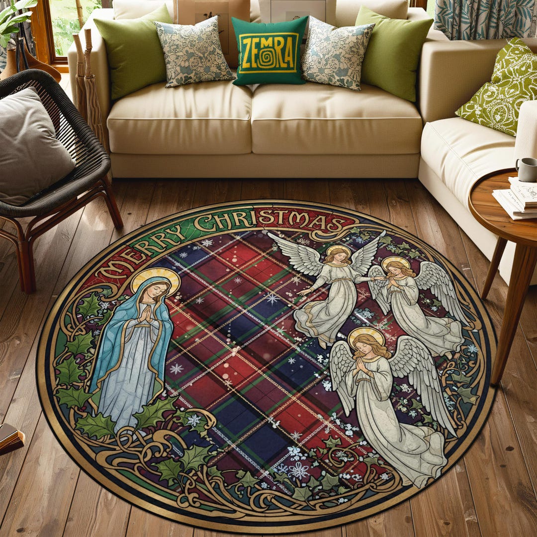 Merry Christmas Round Rug, Art Nouveau Decor, Stained Glass With Angels ...