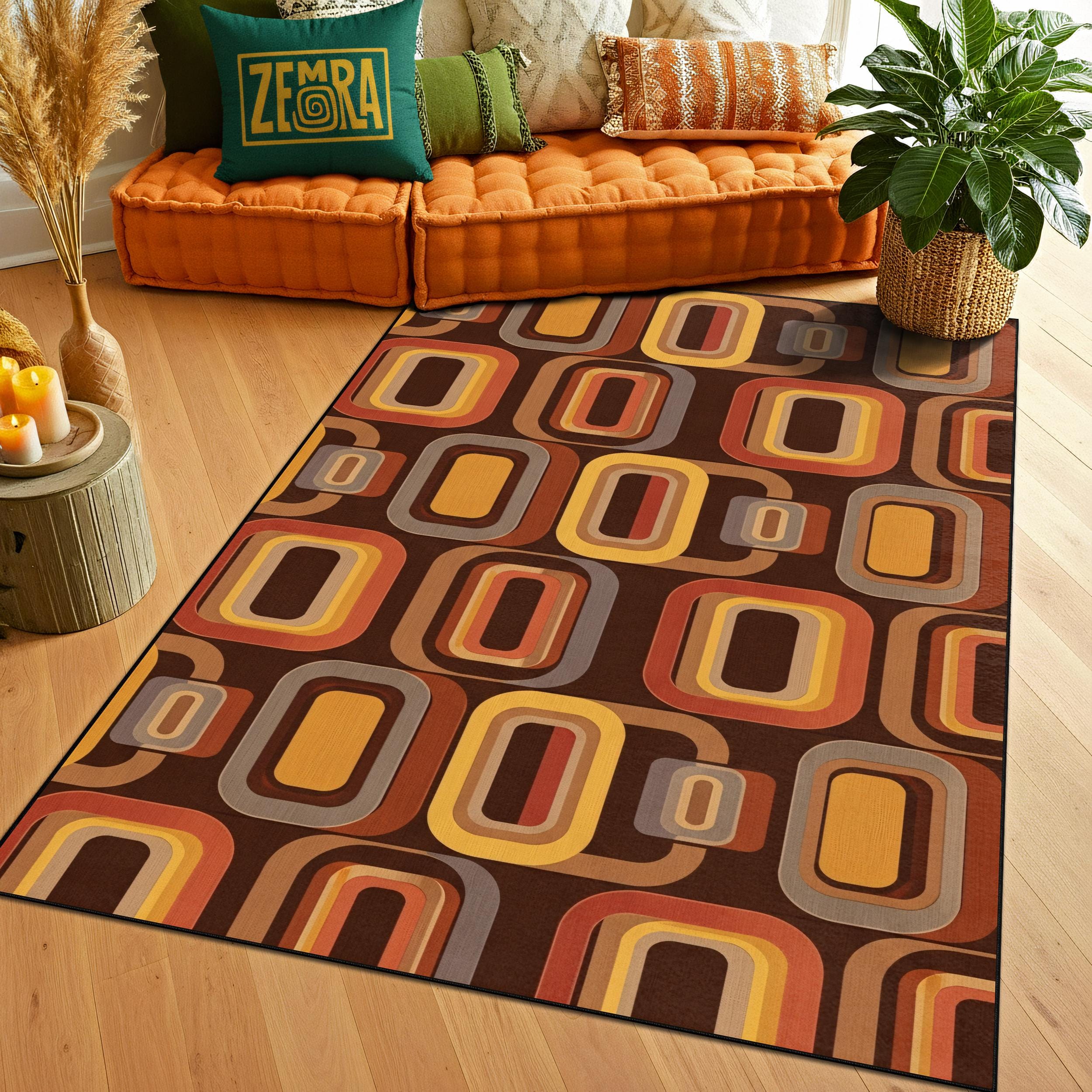 Retro Geometric Rug, 70s Mid Century Modern Carpet, Warm Brown and