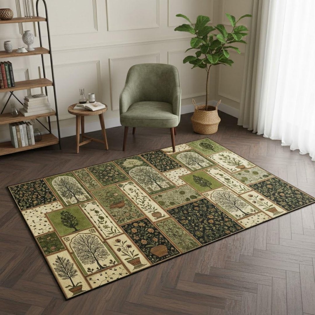 Botanical Garden Rug, Green Tones Area Carpet, Vintage Floral Tree ...