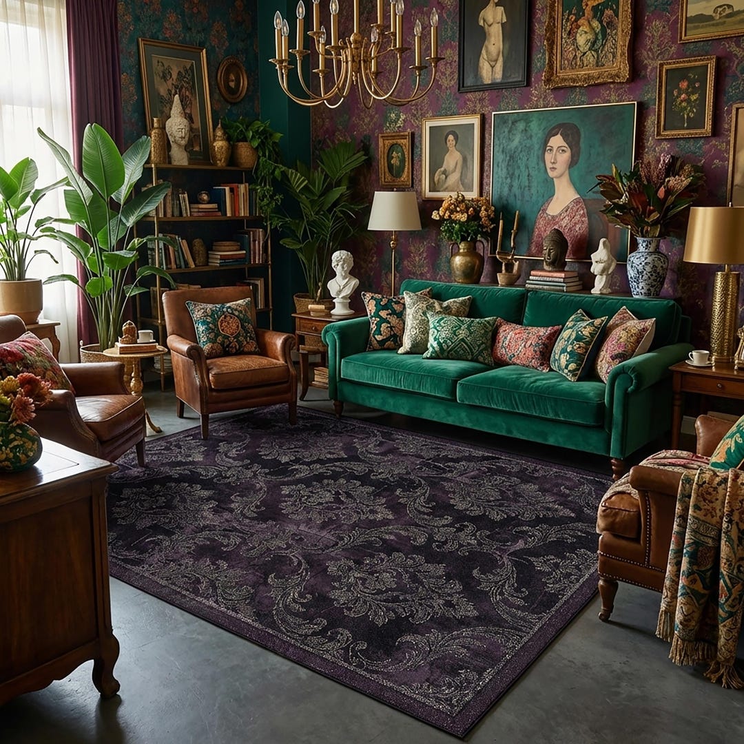 Vintage Purple Damask Baroque Area Rug, Victorian Dark Academia Decor ...