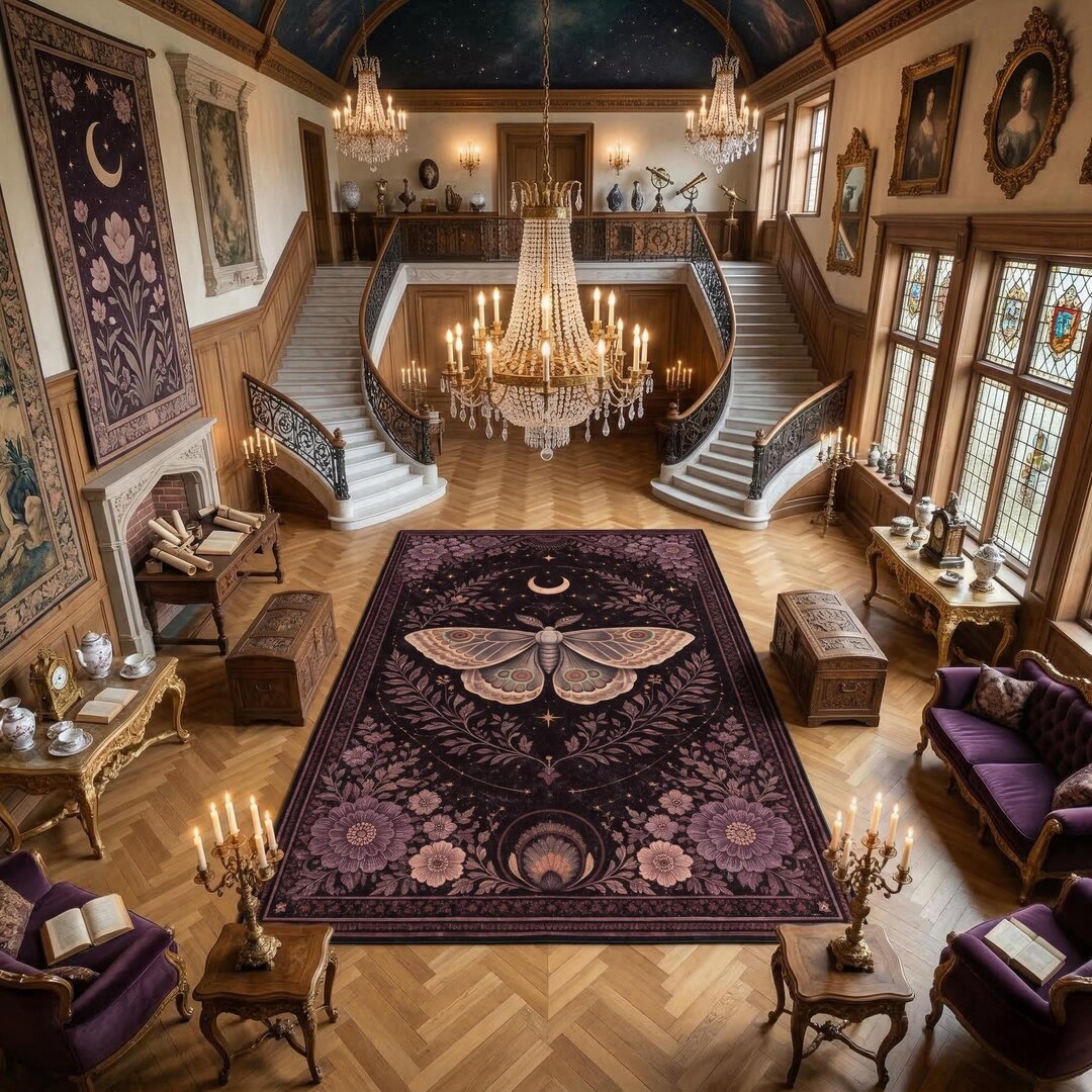 Gothic Plum Moth Area Rug, Dark Purple Celestial Moon Carpet, Dark ...